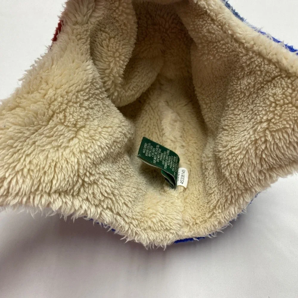 LL Bean Baby Fleece Trapper Hat 6-12M Blue Red Camo Sherpa Lined 515295